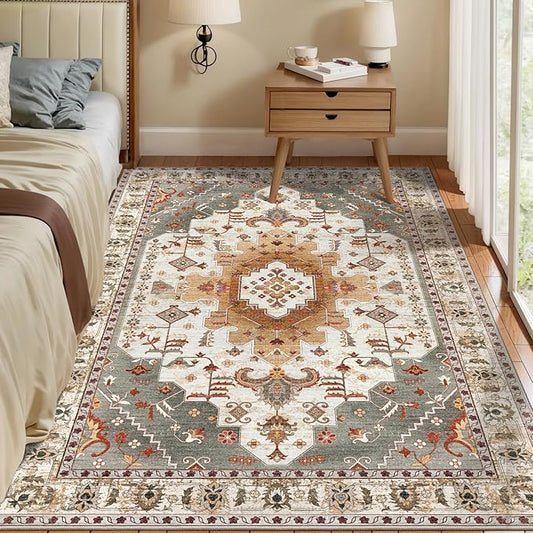Tangsoo Area Rug 3x5 Bedroom Rug, Washable Vintage Rugs Indoor, Non Slip Accent, Print Distressed Turmeric Carpet, Soft Low Pile Rug for Living Room Dorm Bedroom Bedside Entryway Bathroom