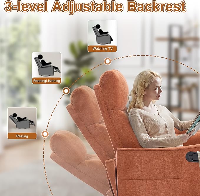 Manual 360° Swivel Rocker Recliner Chair for Adults, Overstuffed Glider Chair for Nursery with Vibration Massage and Heat, Comfy Soft Fabric Glider with Side Pockets for Living Room, Orange