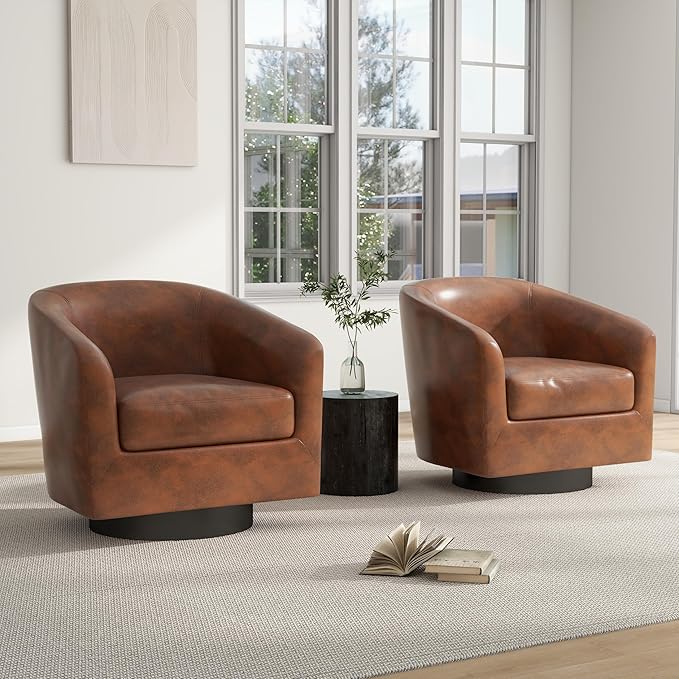 Swivel Barrel Chair, Modern Round PU Leather Accent Armchair for Living Room, Bedroom, Oversized Comfy Club Reading Chairs for Adults (Leather Coffee, Set of 2)