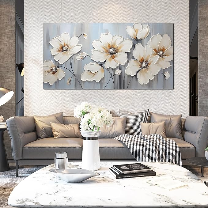 Large Canvas Wall Art Modern Wall Decor White Flower Theme Picture Wall Art with Frame Canvas Decorative Artwork Living Room Bedroom Home Office Hangable Decorative Painting Size 30x60