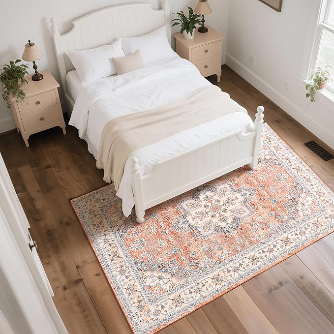Living Room Rug 6x9 Rug, Machine Washable Area Rug Non Slip Low Pile Vintage Rug for Living Room, Bedroom, Farmhouse, Dining Room, Kids Playroom, Orange