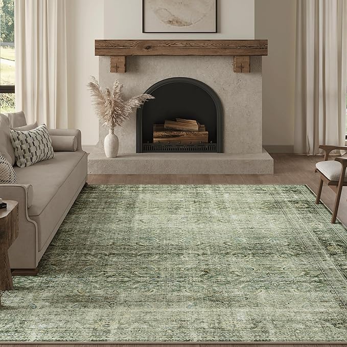 FMFUNCTEX 8x10 Washable Area Rug Green Vintage Neutral Distressed Large Non Slip Retro Carpet for Living Room Bedroom Soft Low Pile Indoor Mat Throw Rug for Dining Room Kitchen Office Nursery