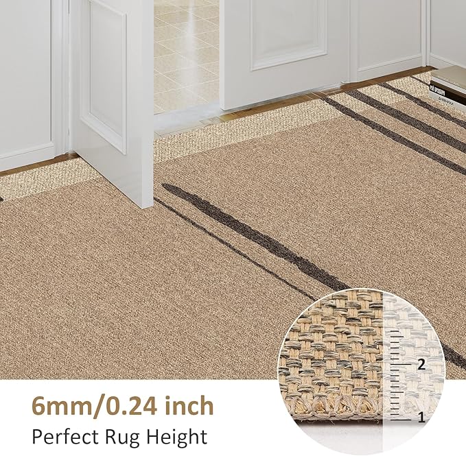 Easy Jute Area Rug 8x10, Large Living Room Washable Rug Indoor Outdoor Patio 8x10 Carpet, Farmhouse Irregular Pattern Throw Non Slip Black Carpet for Backyard Dining Room, Brown/Black