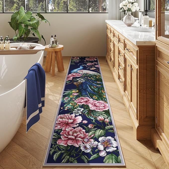 Runners for Kitchen Runner Rug 2'x10' Long Washable Rugs with Rubber Backing Soft Floral Peacock Animal Carpet Runner for Kitchen, Laundry, Bedroom, Bathroom (Cobalt Blue)