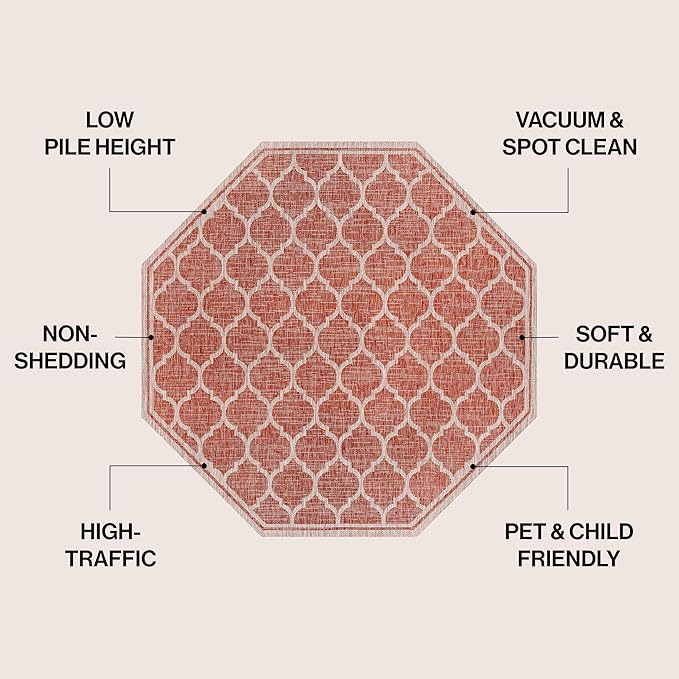 Eyely BMS109C-5TGN Trebol Moroccan Trellis Textured Weave Red/Beige 5' Octagon Indoor/Outdoor Area Rug, Red/Beige, 5' Octagon, Indoor/Outdoor, Area Rug