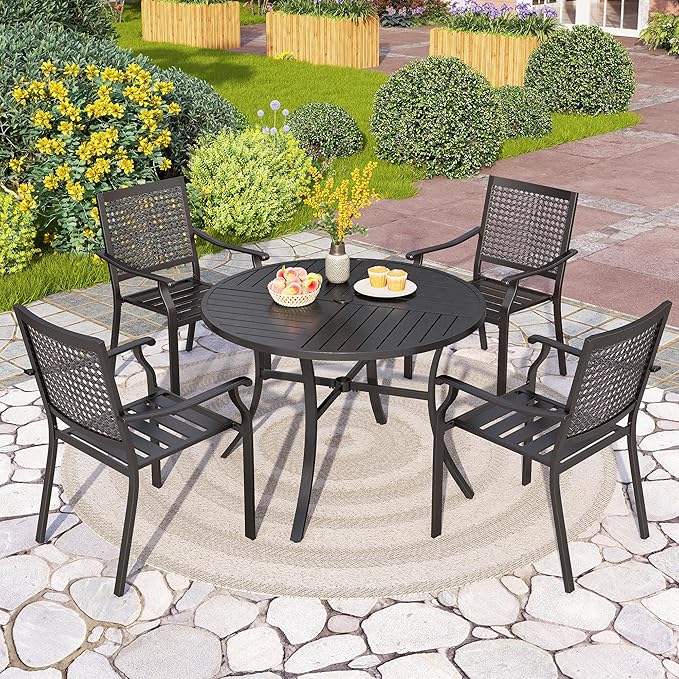 PHI VILLA 5 Pieces Outdoor Round Dining Set for 4, Steel Circle Table with Umbrella Hole & Stacking Wrought Iron Chairs, Morden Dining Furniture Set for Patio, Deck, Yard, Porch