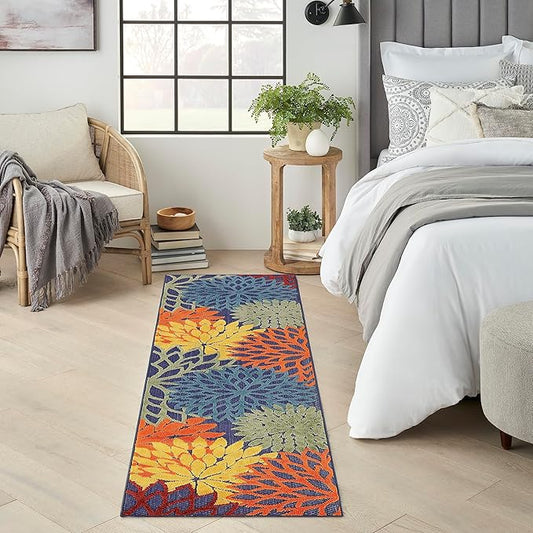 Nourison Home Aloha Indoor/Outdoor Modern Navy Multicolor 2' x 6' Area Rug, Easy Cleaning, Non Shedding, Bed Room, Living Room, Dining Room, Backyard, Deck, Patio (2x6)