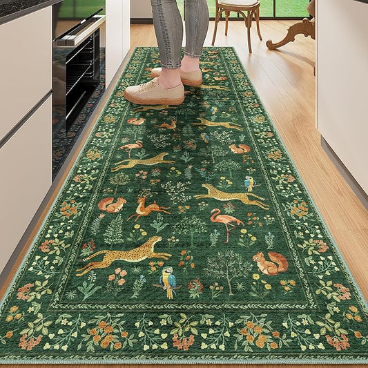 DUKINO 2.6x8 Rug for Hallway, Washable Kitchen Runner Rug with Non Slip Backing, Soft Low Pile Vintage Animal Runner for Bedroom, Kitchen, Hallway, Entryway, Laundry, Green