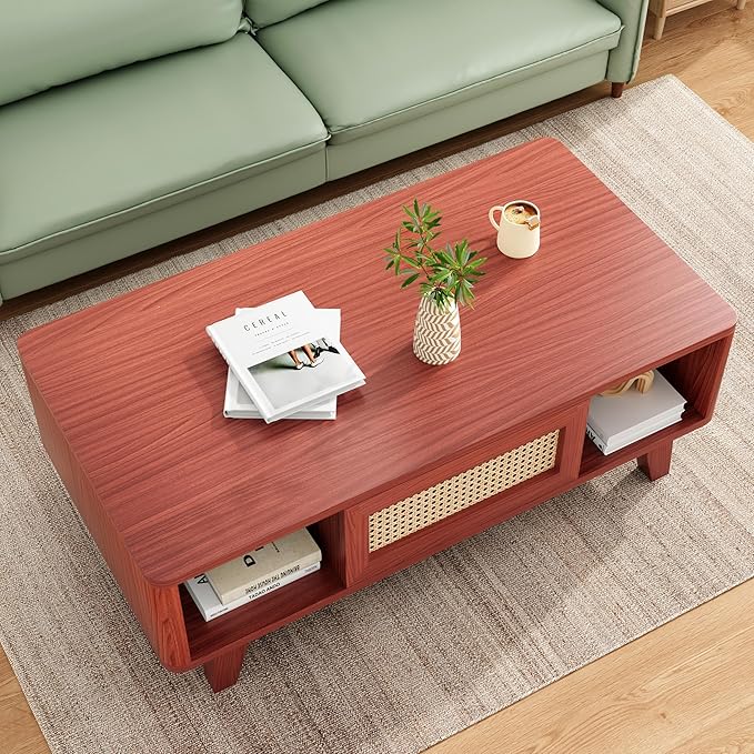 Soohow Coffee Table, Mid Century Living Room Tables with Storage, Modern Square with Rattan Drawer, Wooden Living Room Table with Solid Wood Leg