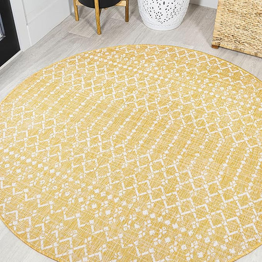 JONATHAN Y SMB108G-5R Ourika Moroccan Geometric Textured Weave Indoor Outdoor Area Rug, Coastal, Bohemian, Modern Easy-Cleaning,Bedroom,Kitchen,Backyard,Patio,Non Shedding, Yellow/Cream, 5' Round