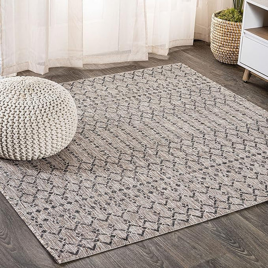 JONATHAN Y SMB108D-3SQ Ourika Moroccan Geometric Textured Weave Indoor/Outdoor Area Rug, Bohemian, Scandinavian for Bedroom, Kitchen, Living Room, Easy-Cleaning, Natural/Black, 3' Square