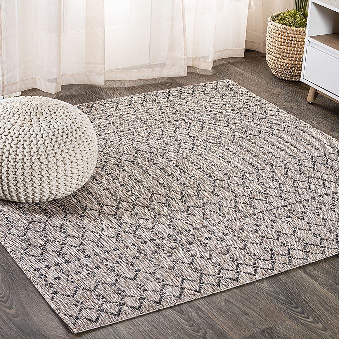JONATHAN Y SMB108D-8SQ Ourika Moroccan Geometric Textured Weave Indoor/Outdoor Area Rug, Bohemian, Scandinavian for Bedroom, Kitchen, Living Room, Easy-Cleaning, Natural/Black, 8' Square