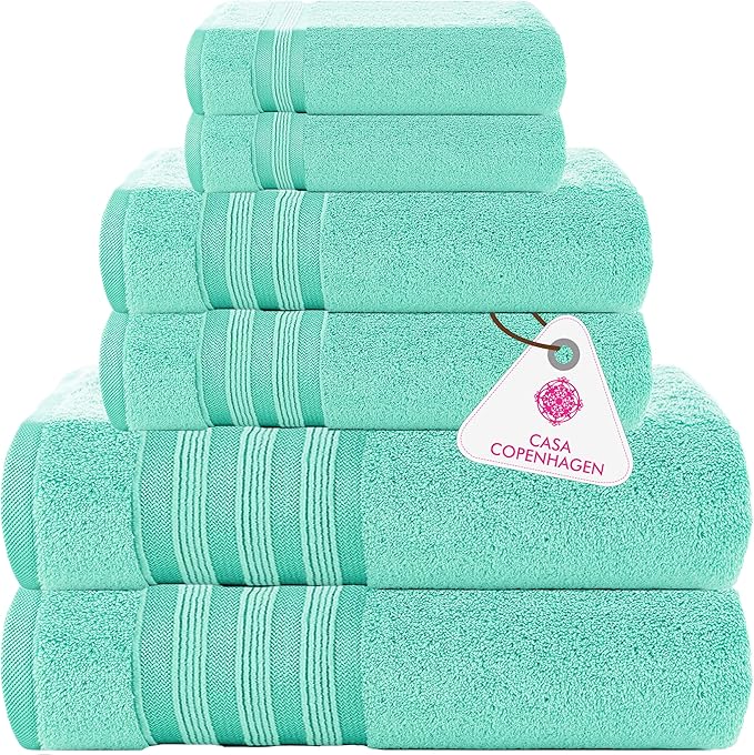 CASA COPENHAGEN Zero Twist, 6 Pieces Set 100% Cotton 0" Twist Towel Set- Aqua Blue, 600 GSM, 2 Bath, 2 Hand, 2 Washcloths Made from Egyptian Cotton, Ultra Soft Luxury Towels for Bathroom.
