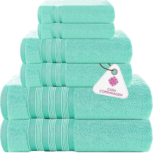 CASA COPENHAGEN Zero Twist, 6 Pieces Set 100% Cotton 0" Twist Towel Set- Aqua Blue, 600 GSM, 2 Bath, 2 Hand, 2 Washcloths Made from Egyptian Cotton, Ultra Soft Luxury Towels for Bathroom.
