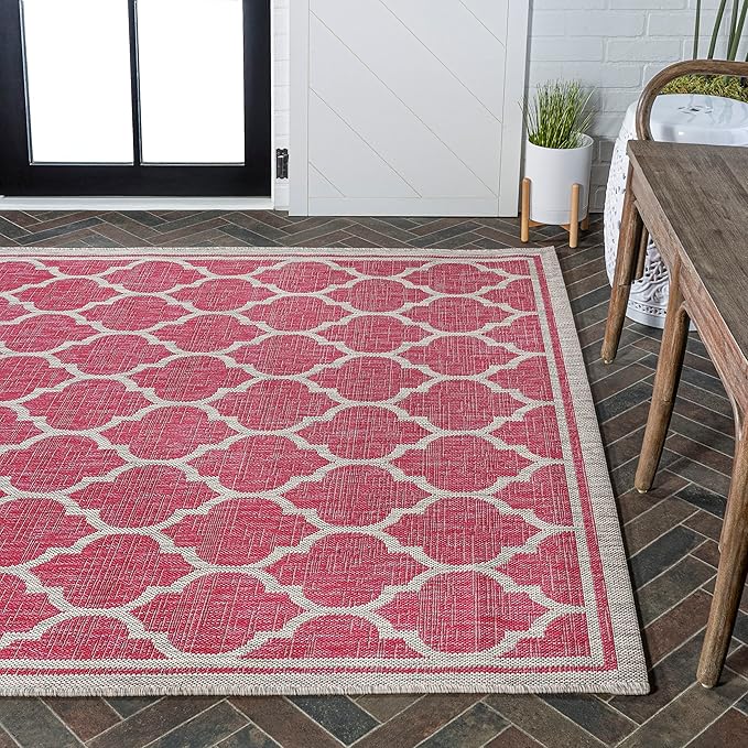 Eyely BMS109H-8 Santa Monica Trebol Moroccan Trellis Textured Weave Indoor/Outdoor Area Rug Coastal;Bohemian, Bedroom, Backyard, Patio, Easy-Cleaning, Non-Shedding, 8 X 10, Fuchsia/Light Gray