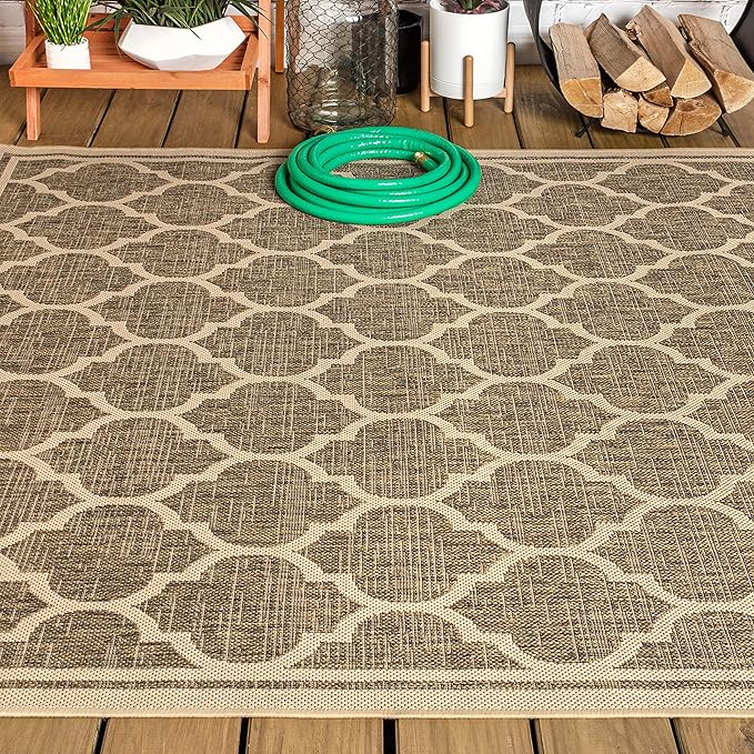 Eyely BMS109A-4 Santa Monica Trebol Moroccan Trellis Textured Weave Indoor/Outdoor Area Rug Coastal;Bohemian, Bedroom, Backyard, Patio, Easy-Cleaning, Non-Shedding, 4 X 6, Brown/Beige