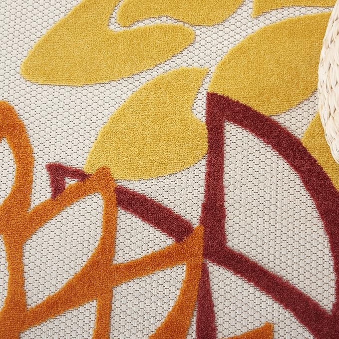 Nourison Home Aloha 94" Round Fabric Indoor/Outdoor Rug in Red Multi-Color