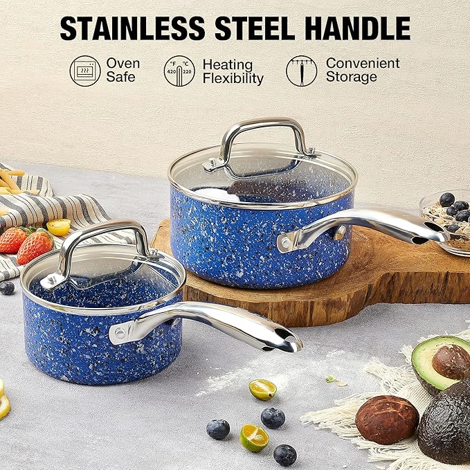 Nonstick Premium 3-Piece Saucepan Set with Glass Lids, Natural Durable Granite Coating, Nonstick, Durable & Oven Safe to 450°F, 1&2&3QT, Blue
