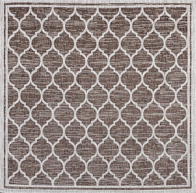 Eyely BMS109B-4SQ Santa Monica Trebol Moroccan Trellis Textured Weave, Pet Friendly, Non-Shedding, Stain Resistant, Easy-Cleaning, Espresso/Taupe, 4' Square, Indoor/Outdoor, Area Rug