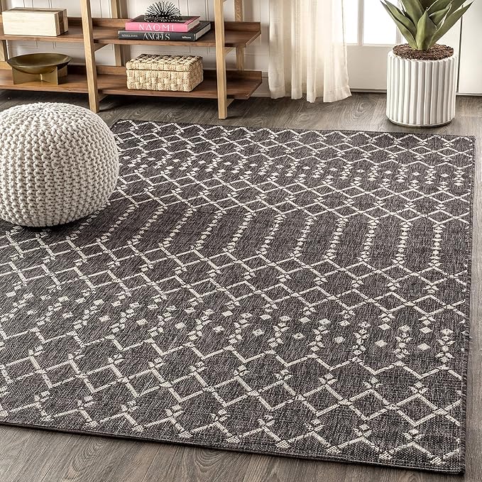 JONATHAN Y Moroccan Geometric Indoor Outdoor Area Rug 5X8 Black/Gray, Ourika Textured Weave for Backyard, Patio, Porch, Easy-Cleaning, High Traffic, Pet-Friendly, Non-Shedding (SMB108F-5)