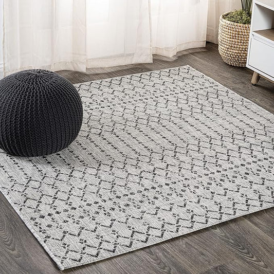 JONATHAN Y SMB108E-9SQ Ourika Moroccan Geometric Textured Weave Indoor/Outdoor Area Rug, Bohemian, Scandinavian for Bedroom, Kitchen, Living Room, Easy-Cleaning, Light Gray/Black, 9' Square