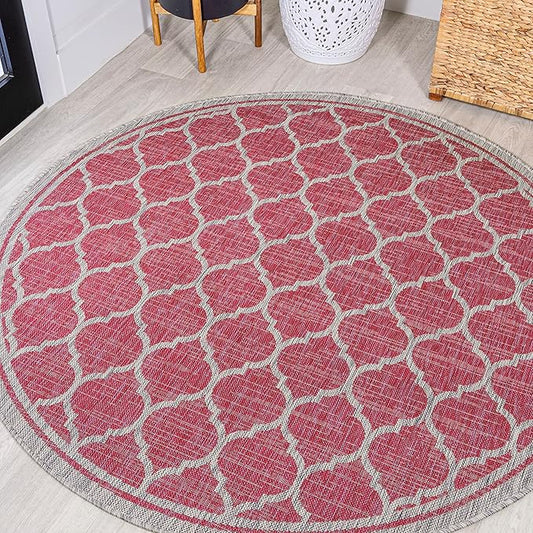 Eyely BMS109H-5R Santa Monica Trebol Moroccan Trellis Textured Weave Indoor/Outdoor Area Rug Coastal;Bohemian, Bedroom, Backyard, Patio, Easy-Cleaning, Non-Shedding, 5' Round, Fuchsia/Light Gray