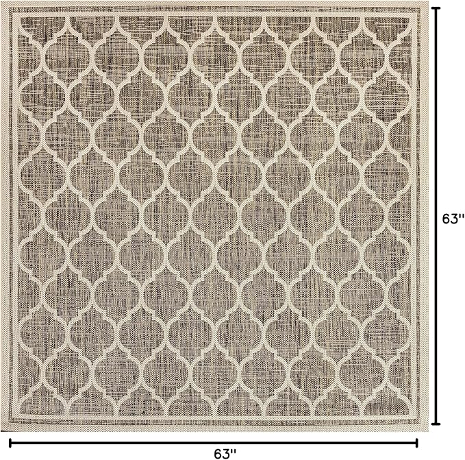 Eyely BMS109A-5SQ Santa Monica Trebol Moroccan Trellis Textured Weave Indoor/Outdoor Area Rug Coastal;Bohemian, Bedroom, Backyard, Patio, Easy-Cleaning, Non-Shedding, 5' Square, Brown/Beige