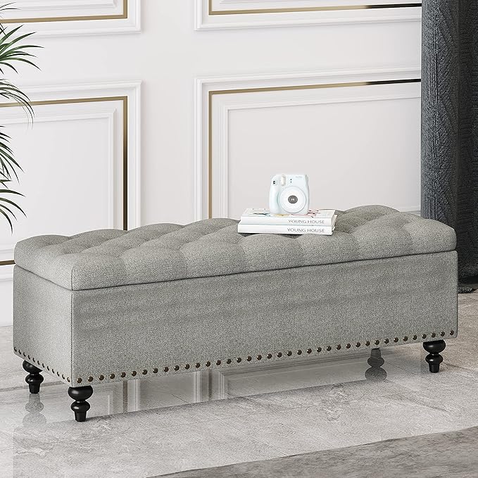 HUIMO Button-Tufted Ottoman with Storage in Upholstered Fabrics, Large Storage Bench for Bedroom, Living Room, Entryway, Bench with Safety Hinge Hold Up to 300lbs (Grey-Rivets)