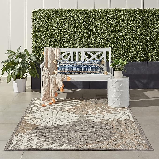 Nourison Aloha Indoor/Outdoor Area Rug 3' 6" x 5' 6", Natural, Rectangular Tropical Botanical Easy-Cleaning Non Shedding Bed Room Living Room Dining Room Deck Backyard Patio