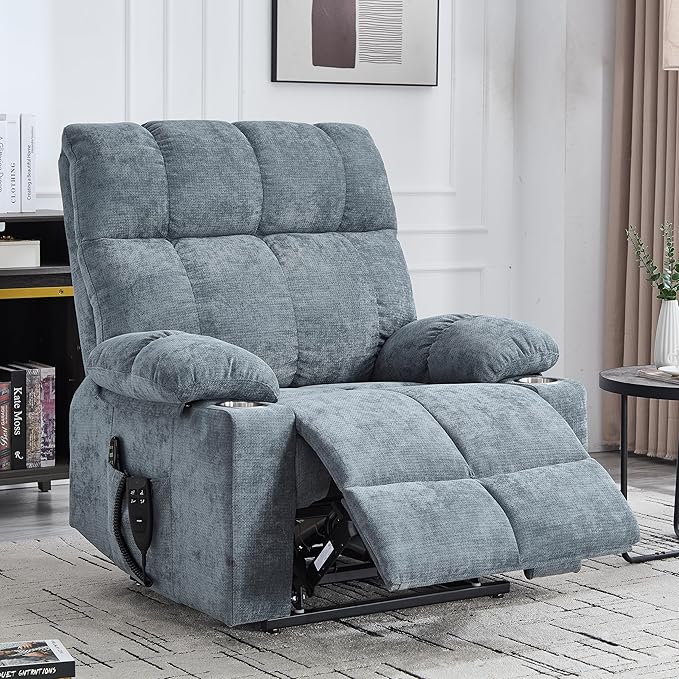 Oversized Recliner with Massage and Heating, Power Lift Chairs for Elderly, Extra Wide Recliner Chair for Living Room with Cup Holders, Dual Motor, Chenille Fabric - Grayish Blue
