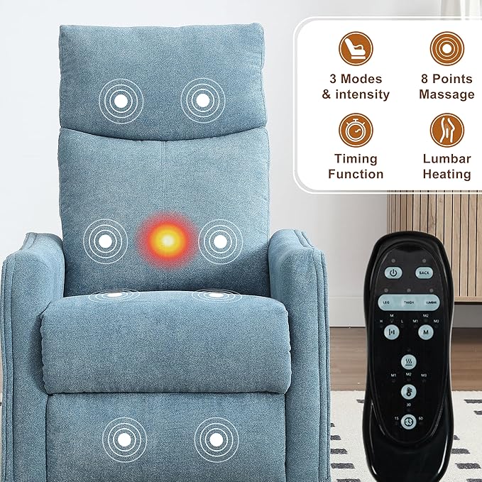 Manual 360° Swivel Rocker Recliner Chair for Adults, Overstuffed Glider Chair for Nursery with Vibration Massage and Heat, Comfy Soft Fabric Glider with Side Pockets for Living Room, Blue