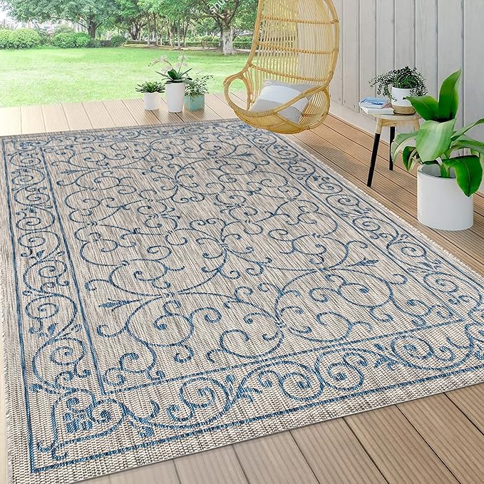 JONATHAN Y Vintage Filigree Indoor Outdoor Area Rug 9X12 Gray/Navy, Charleston Textured Weave for Backyard, Patio, Porch, Easy-Cleaning, High Traffic, Pet-Friendly, Non-Shedding (SMB106C-9)