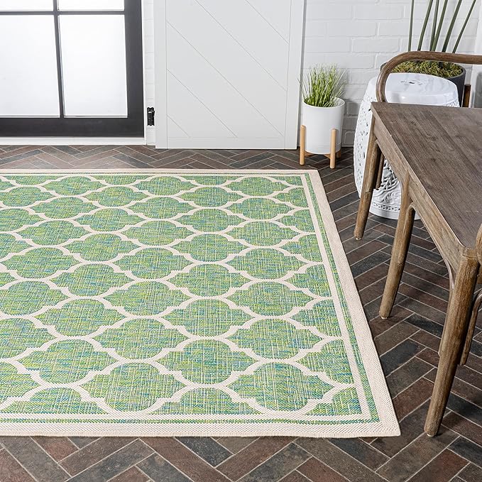 Eyely BMS109I-3 Santa Monica Trebol Moroccan Trellis Textured Weave Indoor/Outdoor Area Rug Coastal;Bohemian, Bedroom, Backyard, Patio, Easy-Cleaning, Non-Shedding, 3 X 5, Cream/Green