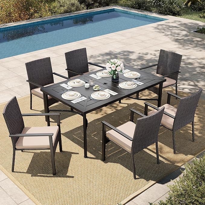HERA'S HOUSE 7-Piece Patio Dining Set, 6 x Outdoor Rattan Armchair with Removable Soft Cushions and 1 x Rectangular Metal Dining Table, All-Weather Resisitant, Suitable for Lawn, Garden, Backyard