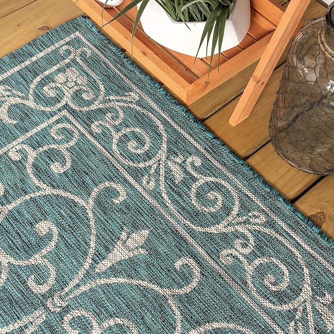 JONATHAN Y SMB106F-8SQ Charleston Vintage Filigree Textured Weave Teal/Gray 8' Square Indoor/Outdoor Area Rug, Pet Friendly, Non-Shedding, Stain Resistant, Easy-Cleaning for Backyard, Patio, Porch