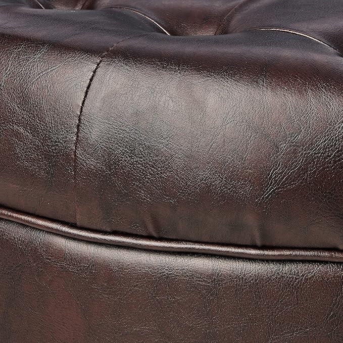 Homepop Home Decor | Button Tufted Faux Leather Round Storage Ottoman | Ottoman with Storage for Living Room & Bedroom (Distressed Brown)