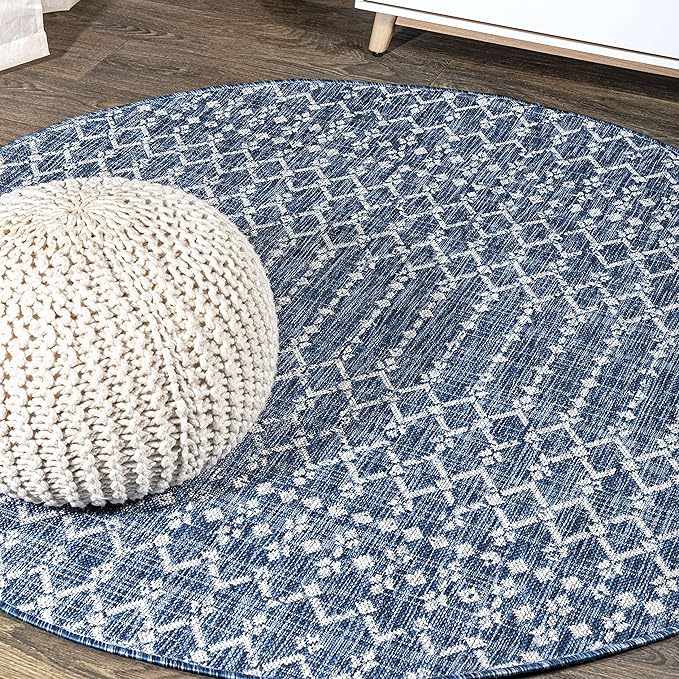 JONATHAN Y SMB108B-6R Ourika Moroccan Geometric Textured Weave Indoor/Outdoor Area Rug, Bohemian, Scandinavian for Bedroom, Kitchen, Living Room, Easy-Cleaning, Navy/Light Gray, 6' Round