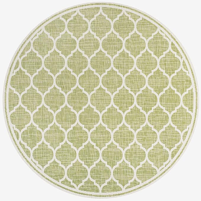 Eyely BMS109G-5R Santa Monica Trebol Moroccan Trellis Textured Weave Indoor/Outdoor Area Rug Coastal;Bohemian, Bedroom, Backyard, Patio, Easy-Cleaning, Non-Shedding, 5' Round, Green/Cream