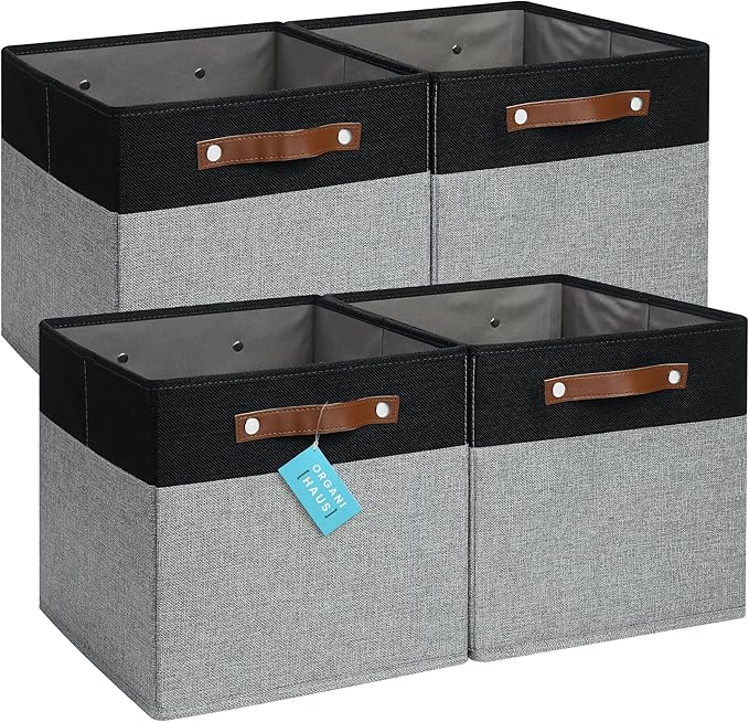 OrganiHaus 12x12 Fabric Storage Bins - Set of 4, Cube Fabric Organizer Bins with Vegan Handles, Kallax Storage Cubes, Cubbies Organizer Boxes, 12Inch Cubic Baskets for Shelves - Grey/Black