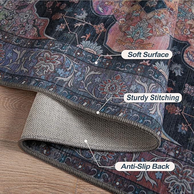 Tangsoo 2x10 Washable Runner Rug for Hallways, Non Slip Vintage Runner Soft Low Pile Long Rug Runner, Print Distressed Navy/Mlulti Carpet Runners for Kitchen Bedroom Entryway Bathroom Living Room