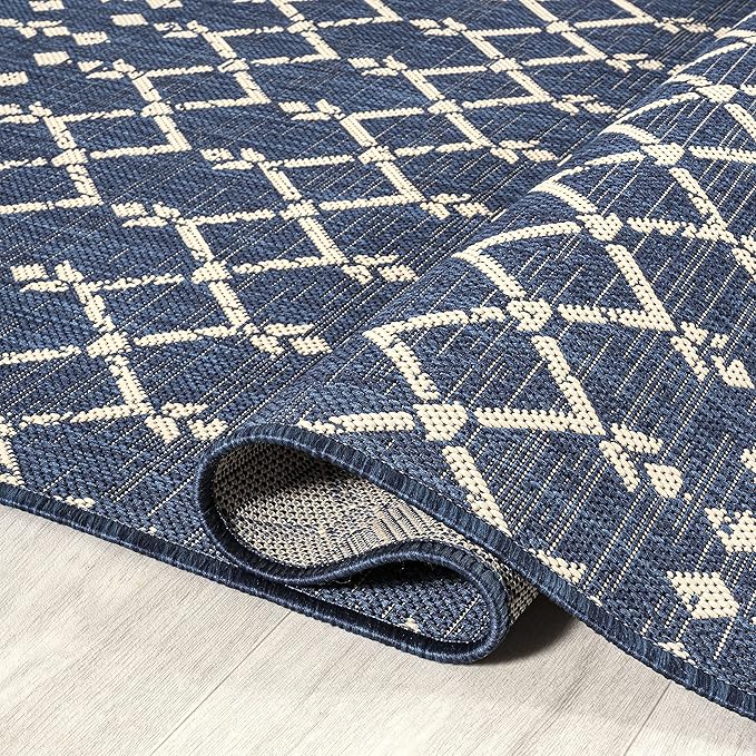 JONATHAN Y SMB108K-8SQ Ourika Moroccan Geometric Textured Weave Navy/Beige 8' Square Indoor/Outdoor Area Rug, Pet Friendly, Non-Shedding, Stain Resistant, Easy-Cleaning for Backyard, Patio, Porch