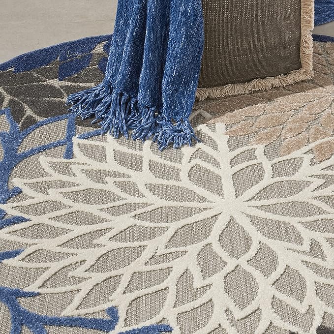 Nourison Aloha Indoor/Outdoor Blue/Multicolor 4' x Round Area Rug, Tropical, Botanical, Easy Cleaning, Non Shedding, Bed Room, Living Room, Dining Room, Deck, Backyard, Patio (4 Round)