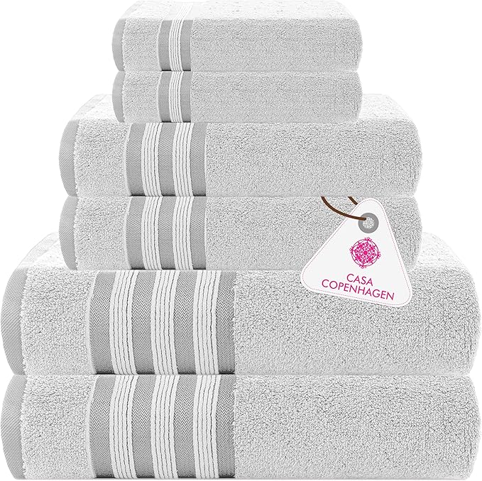 CASA COPENHAGEN Zero Twist, 6 Pieces Set 100% Cotton 0" Twist Towel Set- White, 600 GSM, 2 Bath, 2 Hand, 2 Washcloths Made from Egyptian Cotton, Ultra Soft Luxury Towels for Bathroom.