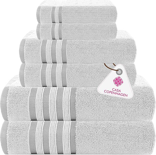 CASA COPENHAGEN Zero Twist, 6 Pieces Set 100% Cotton 0" Twist Towel Set- White, 600 GSM, 2 Bath, 2 Hand, 2 Washcloths Made from Egyptian Cotton, Ultra Soft Luxury Towels for Bathroom.