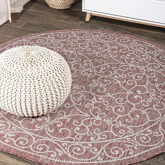 JONATHAN Y SMB106B-5R Charleston Vintage Filigree Textured Weave Indoor Outdoor Area Rug Classic Coastal Easy-Cleaning Bedroom Kitchen Backyard Patio Non Shedding, 5' Round, Red/Beige