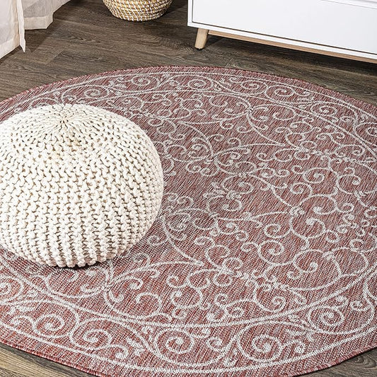 JONATHAN Y SMB106B-5R Charleston Vintage Filigree Textured Weave Indoor Outdoor Area Rug Classic Coastal Easy-Cleaning Bedroom Kitchen Backyard Patio Non Shedding, 5' Round, Red/Beige