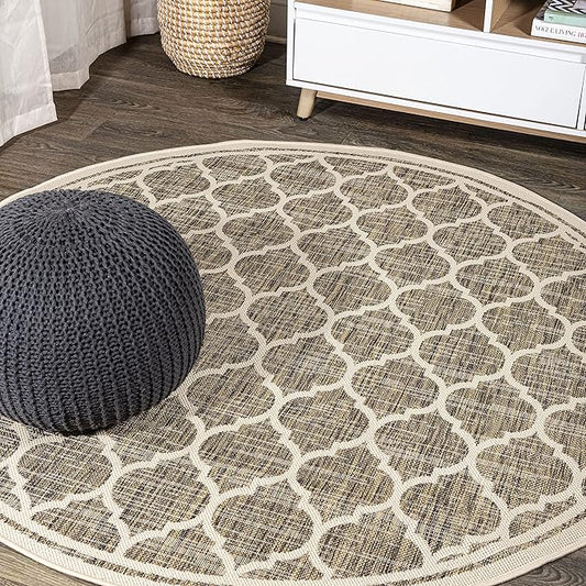 Eyely BMS109A-4R Santa Monica Trebol Moroccan Trellis Textured Weave, Pet Friendly, Non-Shedding, Stain Resistant, Easy-Cleaning, Brown/Beige, 4' Round, Indoor/Outdoor, Area Rug