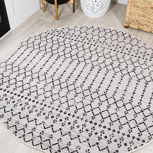 JONATHAN Y SMB108I-4R Ourika Moroccan Geometric Textured Weave Cream/Black 4' Round Indoor/Outdoor Area Rug, Pet Friendly, Non-Shedding, Stain Resistant, Easy-Cleaning for Backyard, Patio, Porch