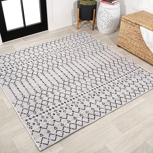 JONATHAN Y SMB108I-9SQ Ourika Moroccan Geometric Textured Weave Cream/Black 9' Square Indoor/Outdoor Area Rug, Pet Friendly, Non-Shedding, Stain Resistant, Easy-Cleaning for Backyard, Patio, Porch