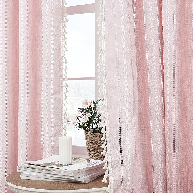 Linen Boho Curtains Cute Embroidered Pink Curtains for Girls Bedroom Nursery Room 84 Inches Long 2 Panels Light filtering Farmhouse Curtains for Living Room Rod Pocket Drapes (52" W x 84" L,Pink)